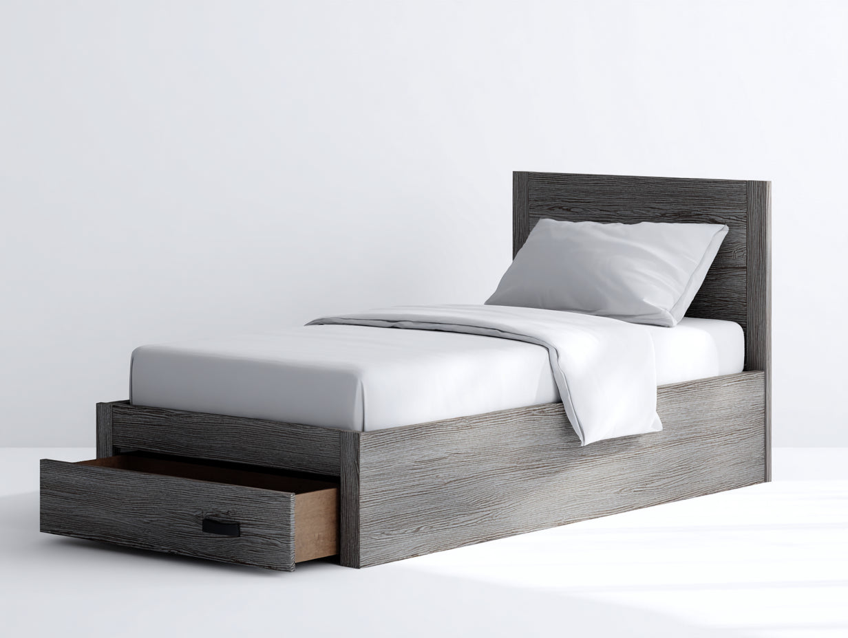 Camas individuales de madera 205x96x90 cm - gris oscuro - con cajón inferior para dormitorio