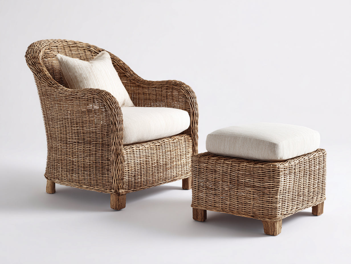 Sillones de ratán 82x76x96 cm en marrón-beige - con reposapiés - estilo natural para salón