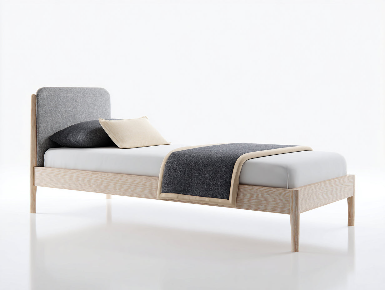 Cama individual 200x90x92 cm - madera color pino natural y cabecero gris - estilo nórdico para dormitorio