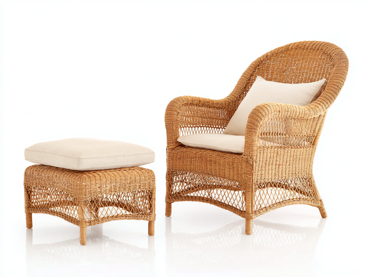 Sillones de ratán con reposapiés 80x76x95 cm - ratán natural y beige - diseño artesanal para salón