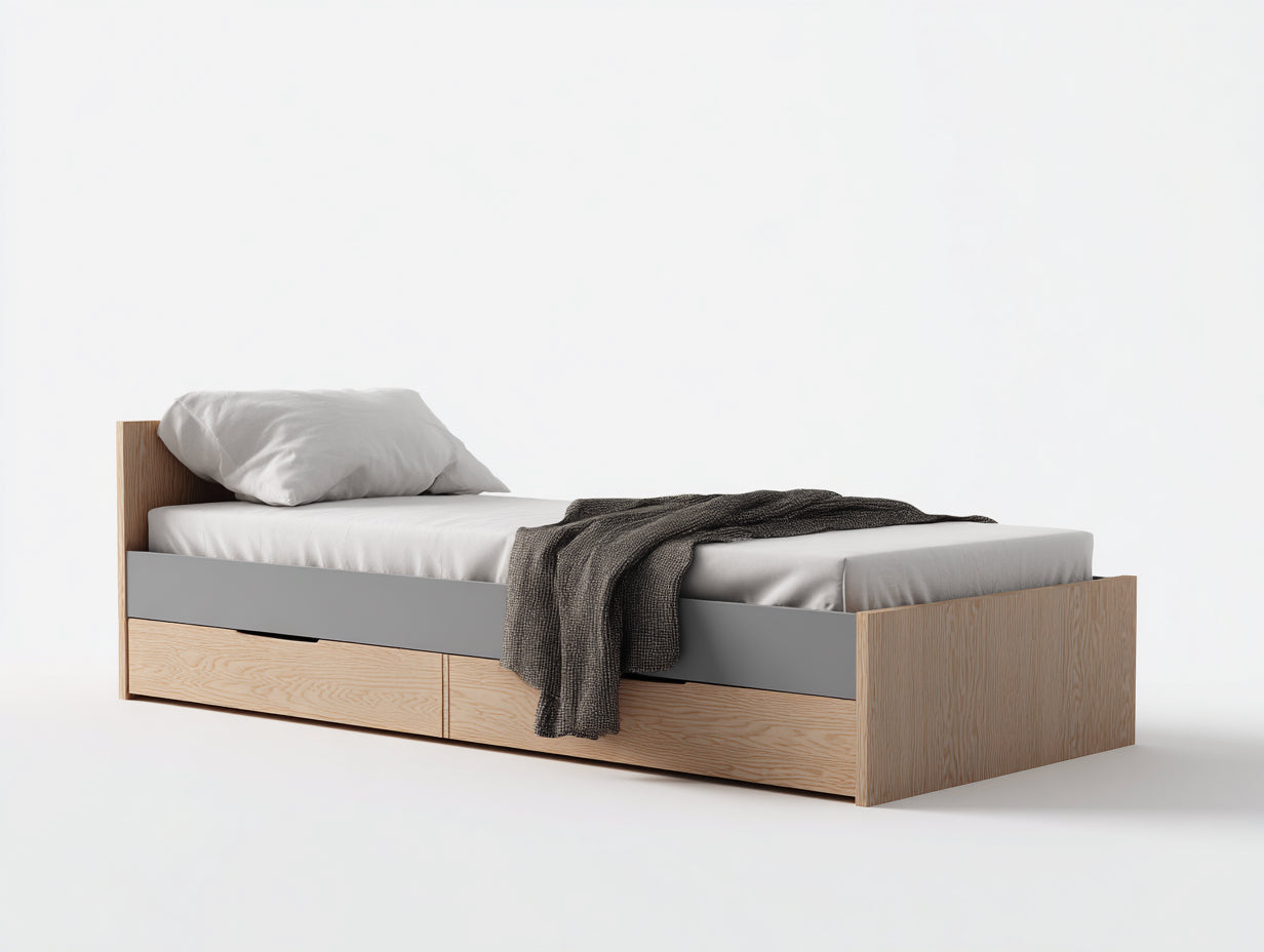 Camas individuales 200x90x75 cm de madera en marrón-gris - con almacenamiento inferior - diseño moderno para dormitorio