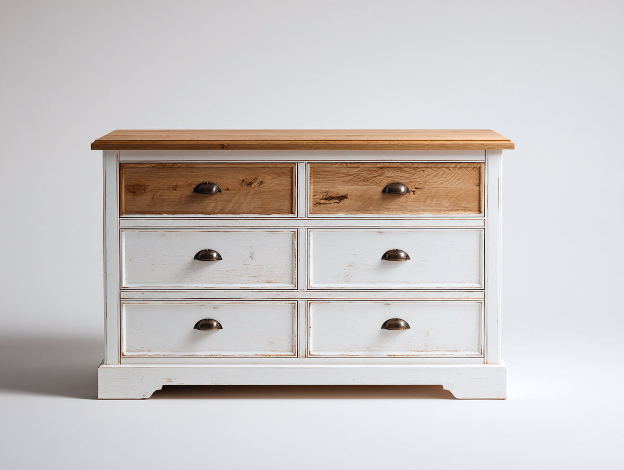 Cómodas de madera 120x45x82 cm - blanco envejecido y roble claro - diseño rústico con cajones