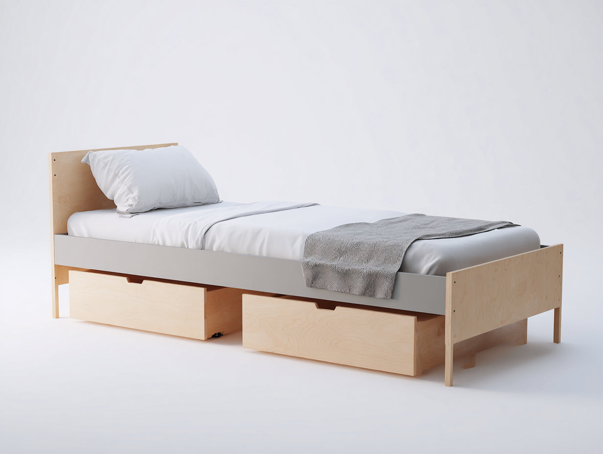 Cama individual 205x96x82 cm - madera color pino natural y gris - con 2 cajones para dormitorio