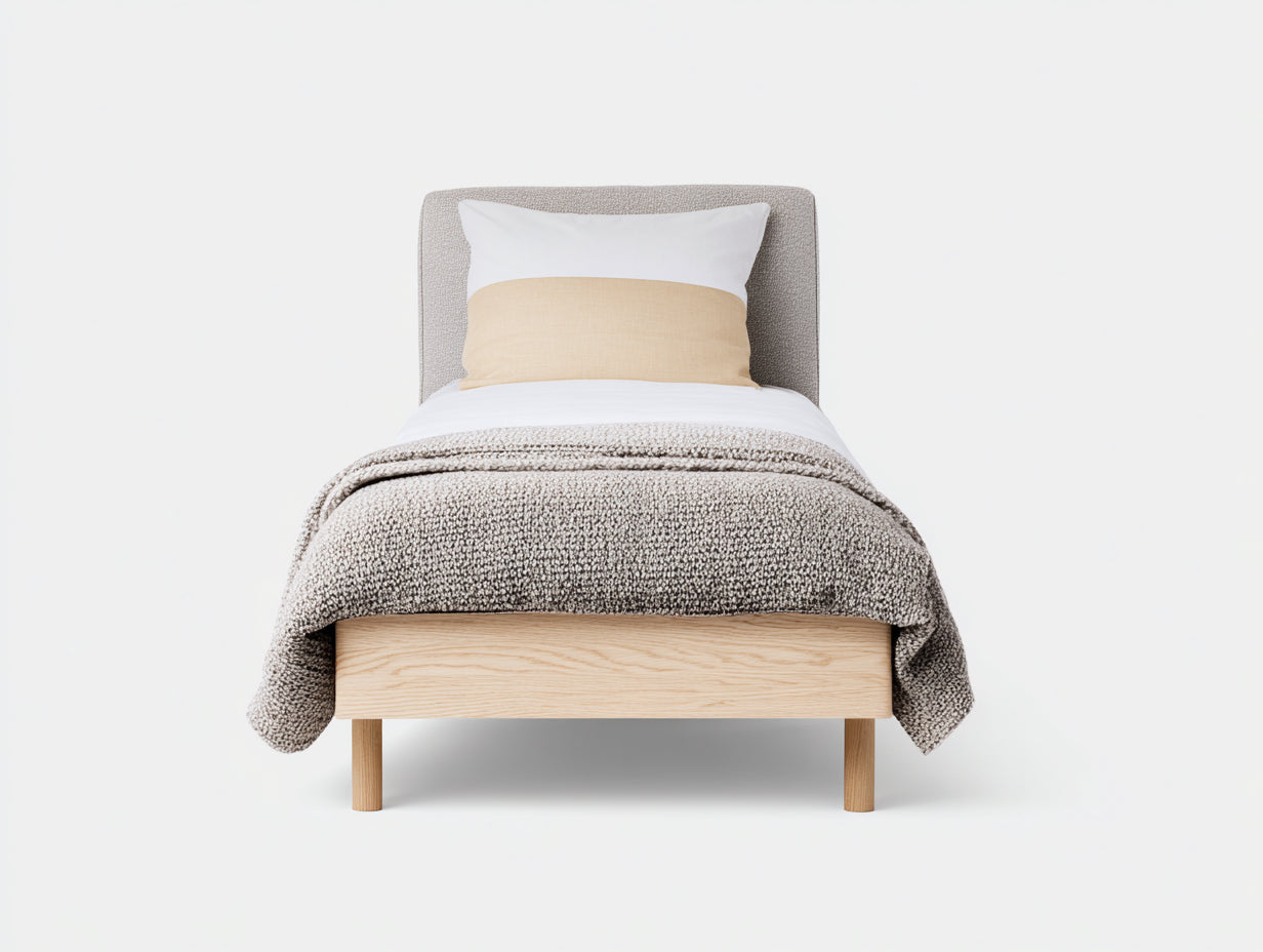 Camas individuales 200x90x90 cm de madera y tejido en marrón-gris - con cabecero tapizado - diseño moderno para dormitorio