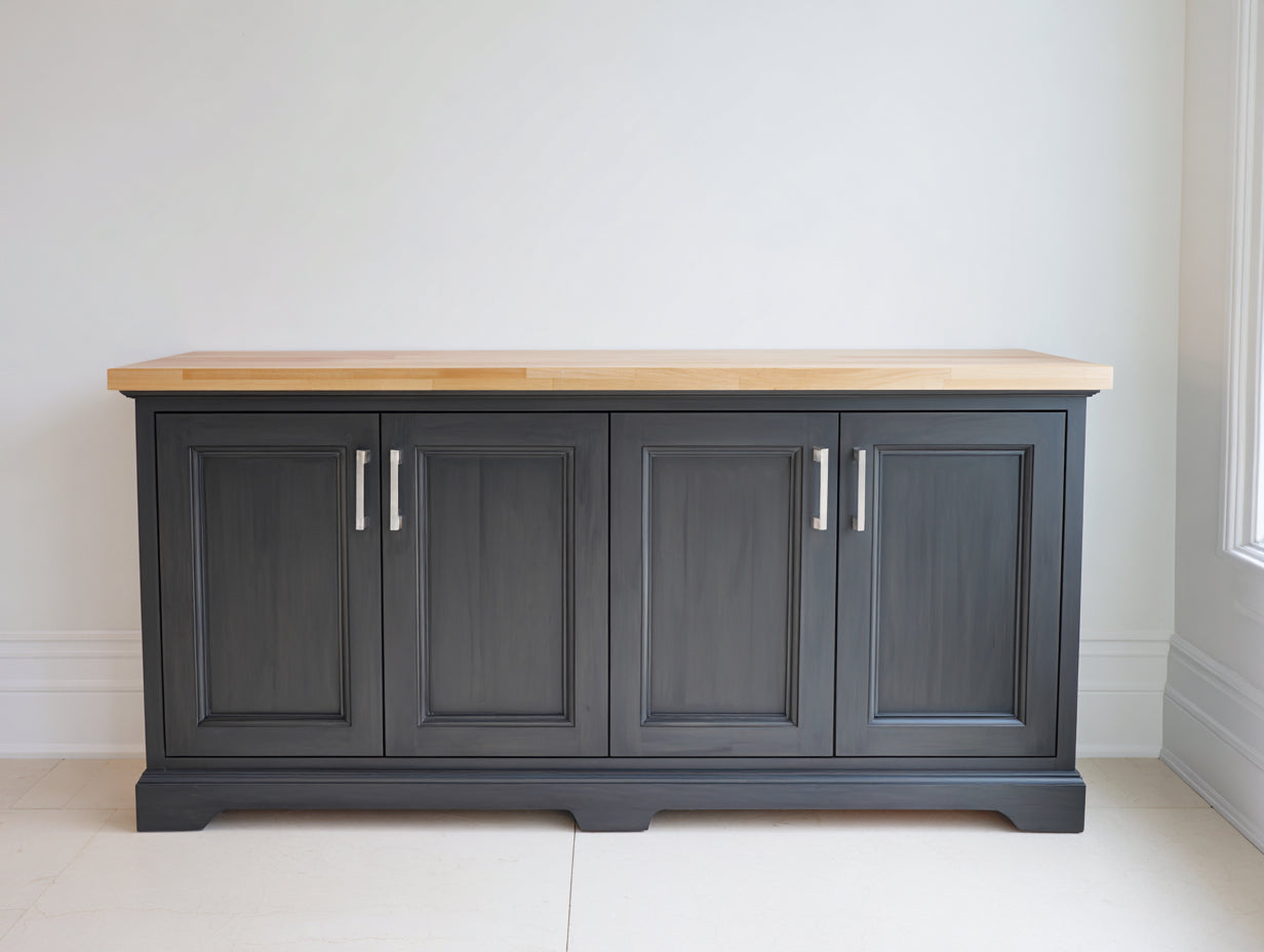 Aparador 180x45x85 cm - madera gris oscuro y roble natural - 4 puertas para comedor