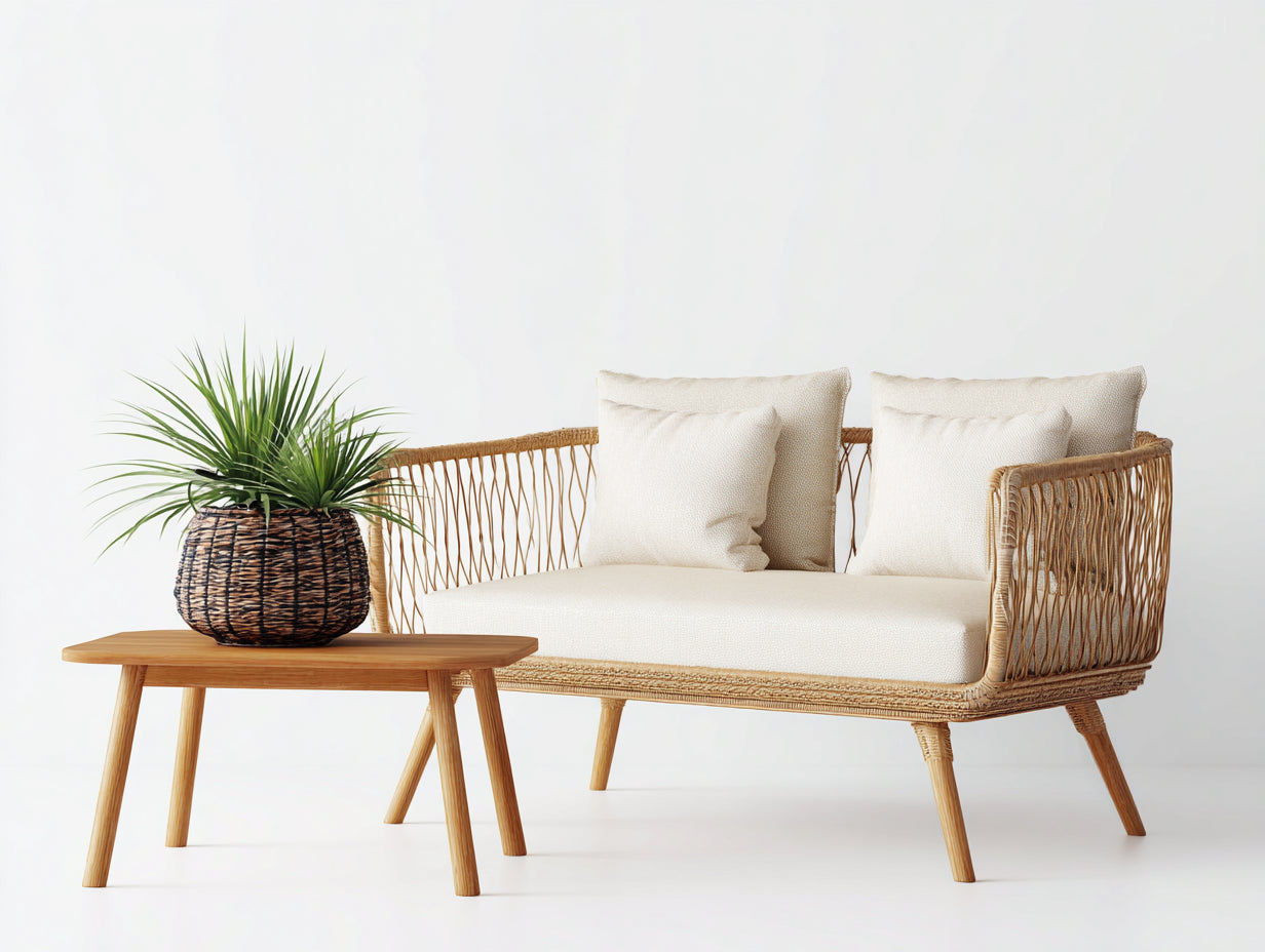 Sofás de exterior de ratán y madera 165x78x82 cm beige-marrón - conjunto moderno con mesa auxiliar