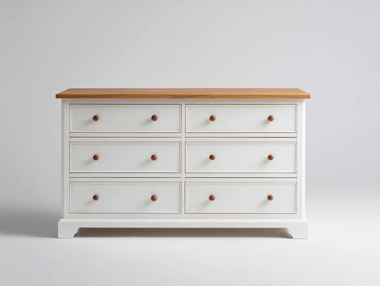 Cómodas 140x45x82 cm de madera en blanco-marrón - 6 cajones - estilo clásico para dormitorio