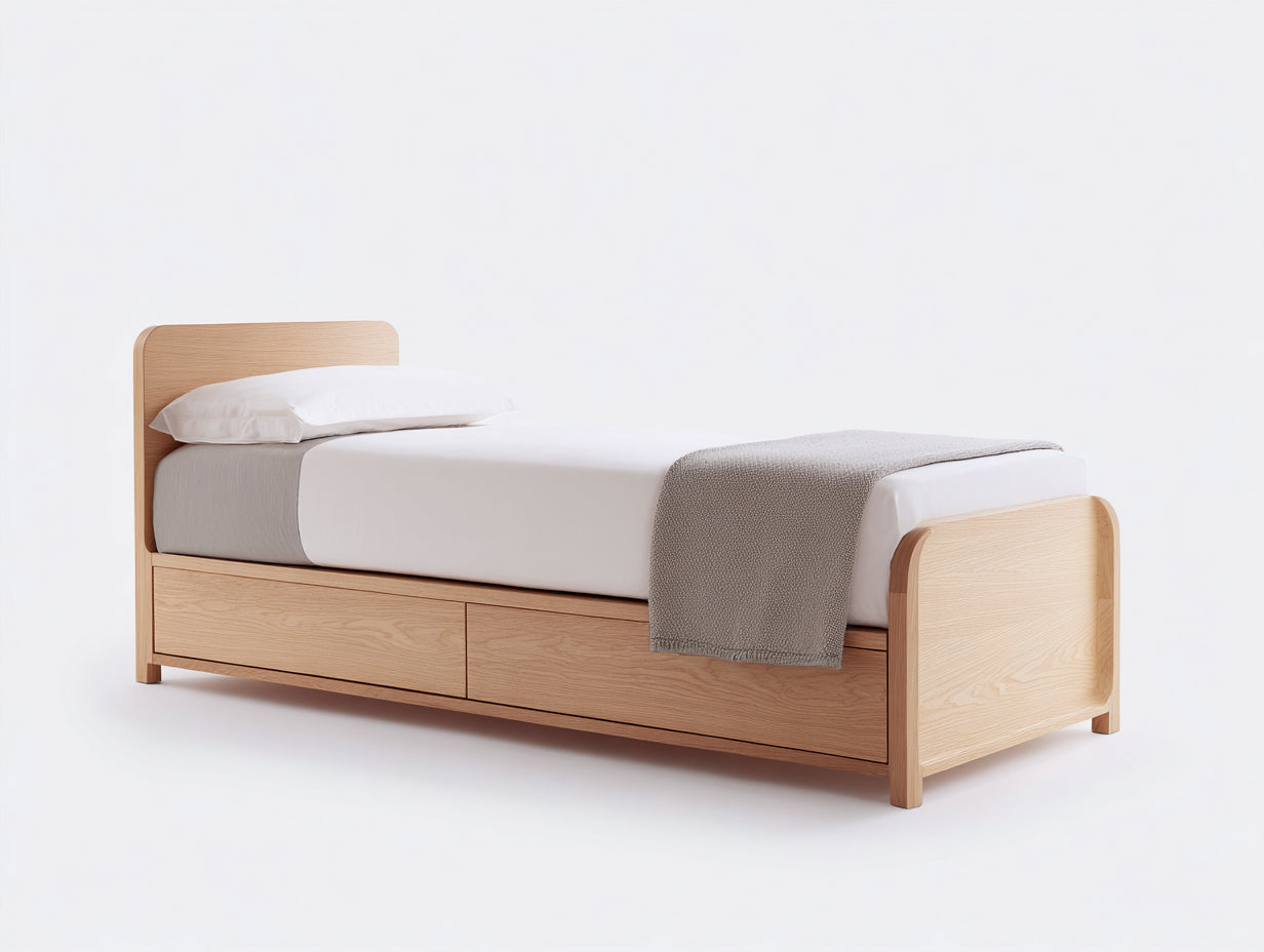 Camas individuales 200x90x85 cm de madera en color marrón - con cabecero y almacenamiento inferior - diseño funcional para dormitorio
