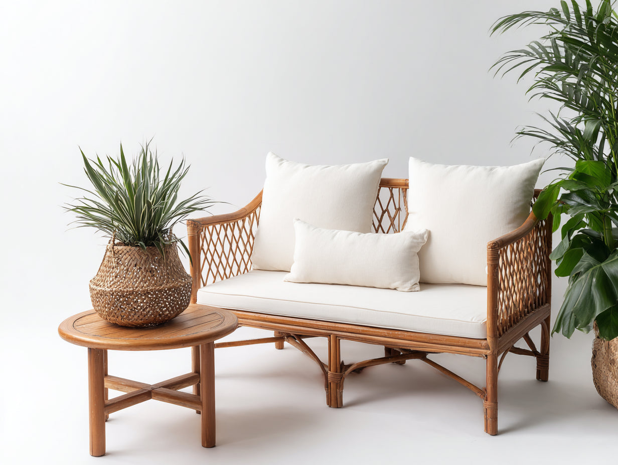 Sofá de exterior 125x70x82 cm - ratán natural y crema - conjunto con mesa redonda para terraza