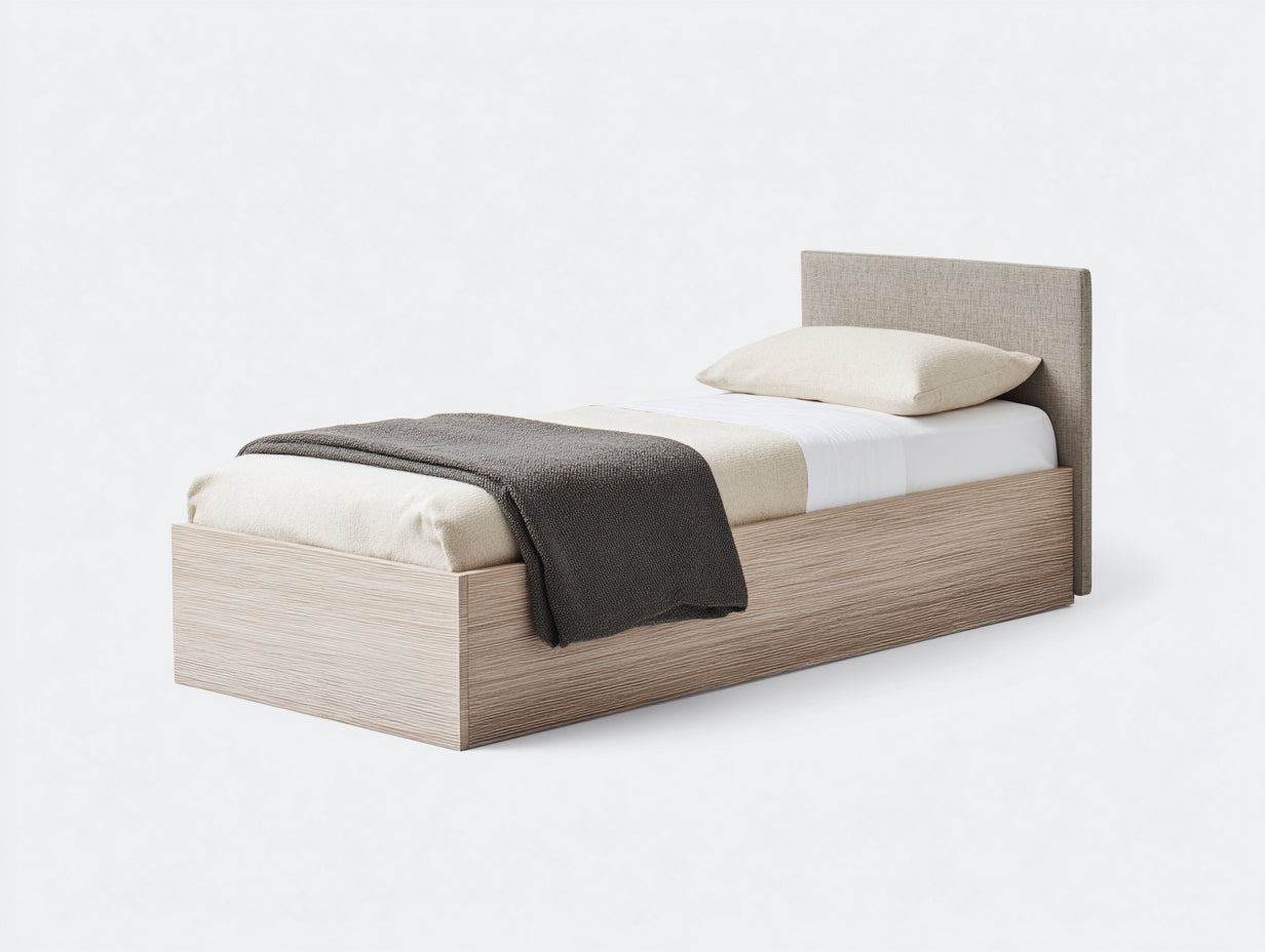 Camas individuales de madera y tela 200x100x95 cm beige-marrón - diseño moderno con cabecero tapizado