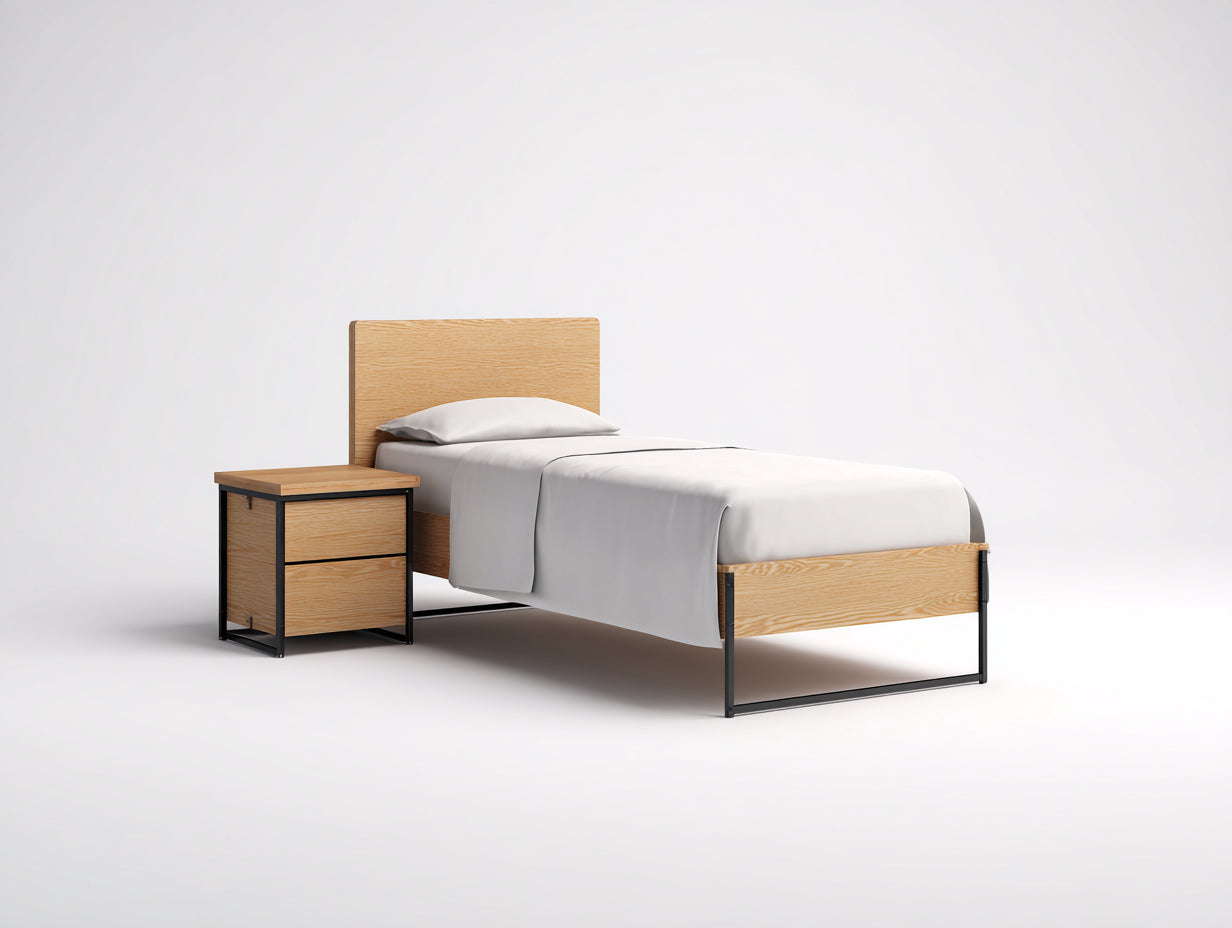 Camas individuales de madera y metal 205x95x90 cm - roble-negro - con mesita para dormitorio