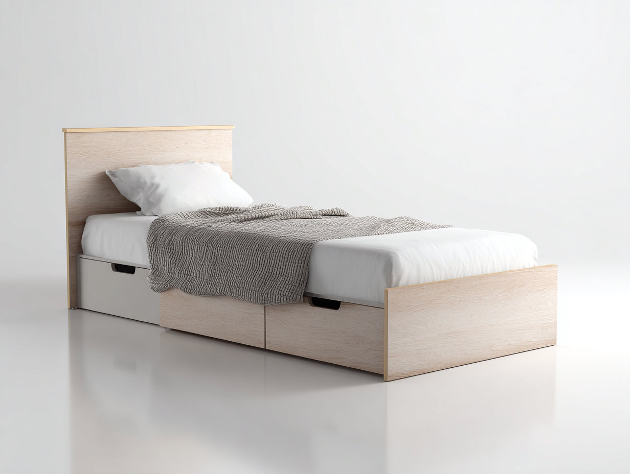 Camas individuales de madera 200x100x90 cm beige-blanco - diseño moderno con cajones
