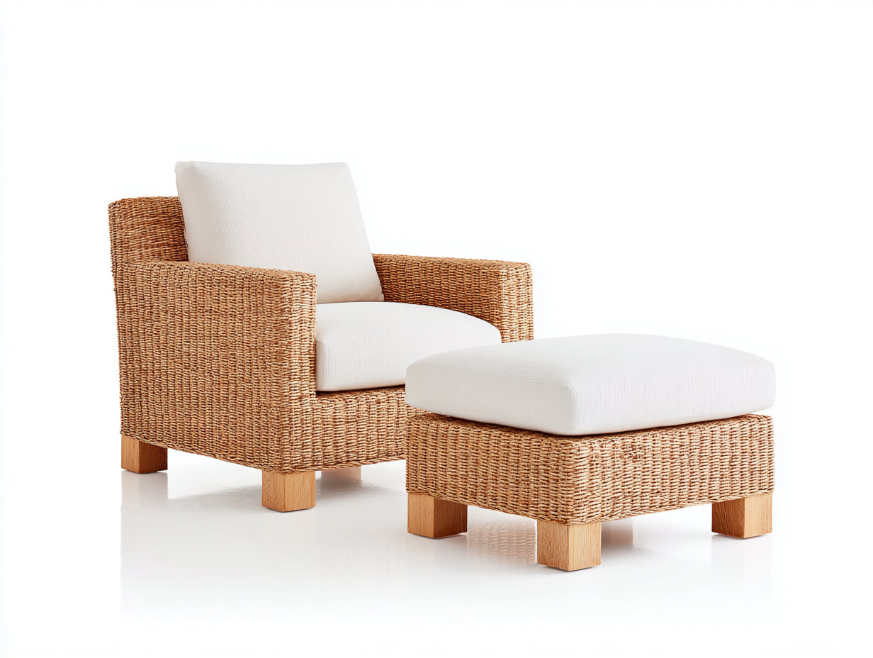 Sillones de ratán 82x76x88 cm en marrón-beige - con reposapiés - estilo natural para salón
