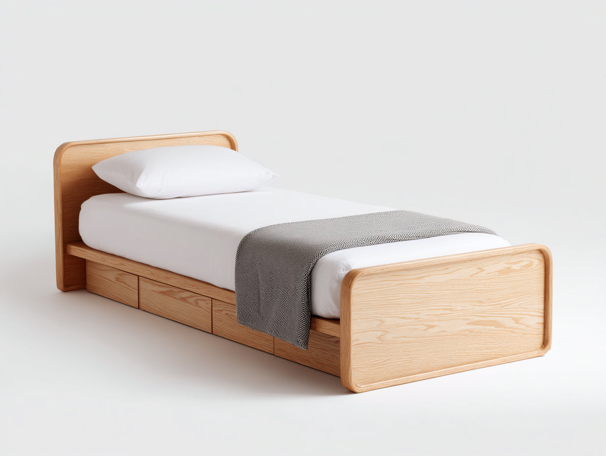 Cama individual 205x96x88 cm - madera color pino natural - con 4 cajones para dormitorio