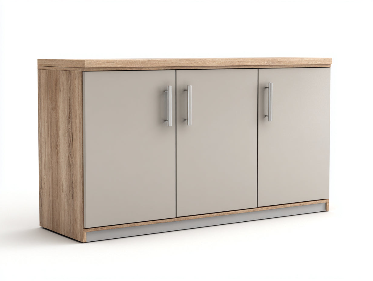 Aparador 150x40x80 cm - madera roble natural y gris beige - 3 puertas para comedor