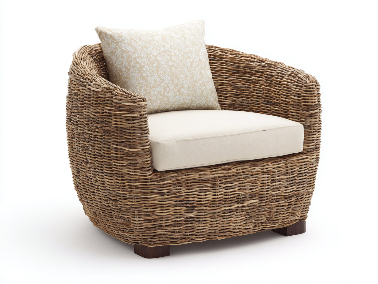Sillón de ratán 98x82x78 cm - ratán natural y crema - diseño redondeado para salón