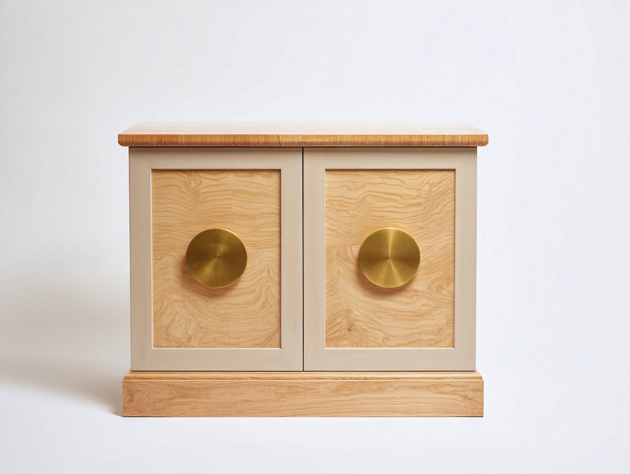 Aparador 100x40x82 cm - madera pino natural y beige con detalle dorado - 2 puertas para salón