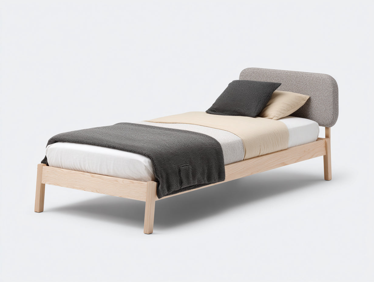 Camas individuales 200x90x90 cm de madera y tejido en color marrón-gris - con cabecero tapizado - diseño moderno para dormitorio