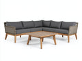 Sofás de exterior 220x220x78 cm de madera y ratán en marrón-gris - con mesa de centro - diseño cuadrado para jardín