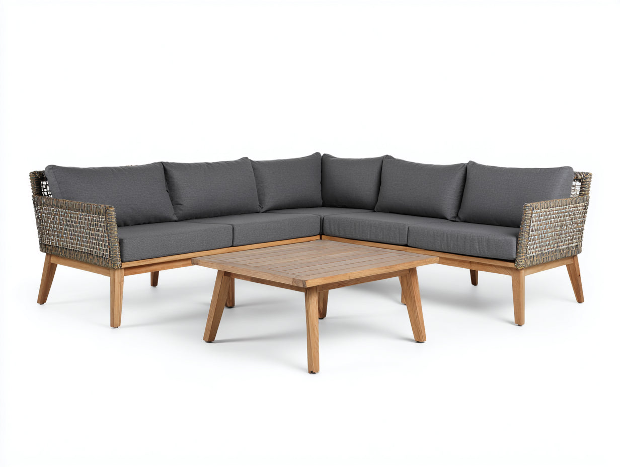 Sofás de exterior 220x220x78 cm de madera y ratán en marrón-gris - con mesa de centro - diseño cuadrado para jardín